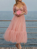 Pink Romantic Mesh Party Dress Aosig