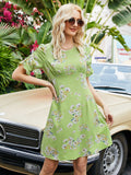 Pleated short-sleeved elegant hedging green print dress