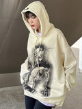 Printed Casual Loose Hooded Long Sleeves Pullover Sweater Aosig