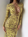 Printed Cut-out Long Sleeve Slim Fit Dress Aosig
