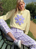 Purple Check Pattern Ladies Pants Aosig