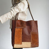 Retro  rivets contrast stitching one-shoulder tote handbags Aosig