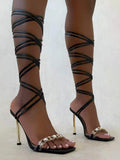 Rhinestone Roman Cross Strap Metal Stiletto Heel Sandals