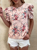 Round Neck Printed Puff Sleeve Back Cutout Top Short Sleeves Aosig