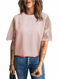 Round Neck Short Sleeve Top Lace Chiffon Shirt Aosig