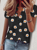 Ruffled Shirt Short Sleeve Daisy Print V-Neck Shirt Aosig