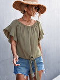 Ruffled Tie Crew Neck Two-Piece Top Aosig
