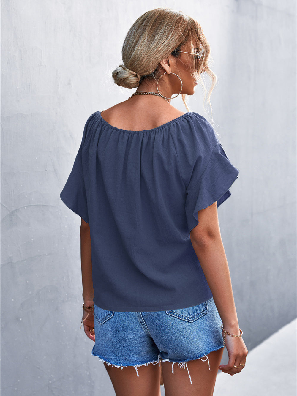 Ruffled Tie Crew Neck Two-Piece Top Aosig