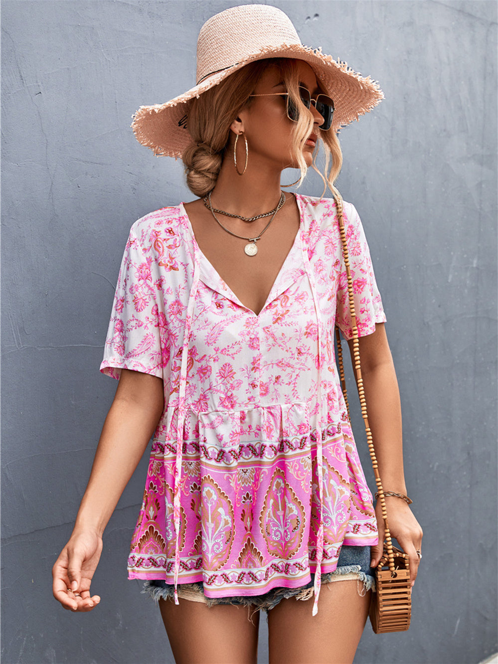 Selling Boho V-Neck Tie Positioning Floral Tops Aosig