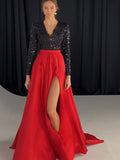 Sequin Split Gown Long Dress V-Neck Long Sleeve Party Dress Aosig