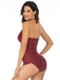 Sexy Solid Color Neckline Pleated Swimsuit Aosig