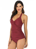 Sexy Solid Color Neckline Pleated Swimsuit Aosig