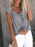 Solid Color Round Neck Pullover Loose Ripped Top T-shirt Aosig
