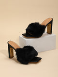 Square Toe Fashion Fur Shoes Open Toe Chunky Heels Aosig