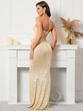 Strapless Sequined Evening Dress With Belt Aosig