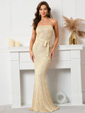 Strapless Sequined Evening Dress With Belt