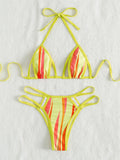 Striped Print Lace-up Bikini Swimsuit Aosig