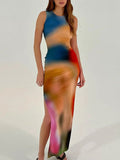 Tie Dyed Printed Split  Dress Aosig