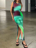 Tie Dyed Printed Split  Dress Aosig