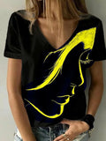 Women Abstract Portrait T-Shirt Print Summer V-Neck Basic Shirt 3D Printed Shirt Aosig