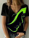 Women Abstract Portrait T-Shirt Print Summer V-Neck Basic Shirt 3D Printed Shirt Aosig