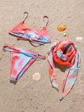 Tie-Dyed Spaghetti-Neck Split Bikini Swimsuit+Cover-Up Three-Piece Set