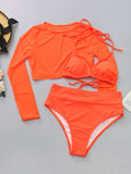 Solid Color Triangles Split Bikini Swimsuit+Cover-Up Three-Piece Set