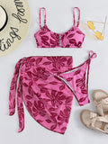 Floral Print Hollow Backless Bikini Swimwear+Cover-Up Three-Piece Set