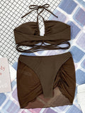 Solid Color Bandage Hollow Bikini+Cover-Up Three-Piece Set
