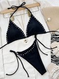 Triangle Pearls Drawstring Two Pieces Bikini Set