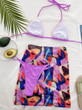 Halterneck Triangles Split Bikini Swimsuit+Coloful Cover-Up Three-Piece Set
