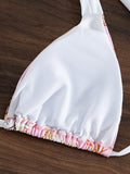Padded Backless Hollow Shell Printed Halter-Neck Bikini Swimsuit