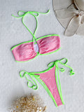 Split-Joint Mesh Color-Block Bandage Padded Halter-Neck Bikini Swimsuit