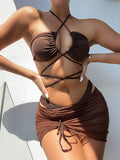 Solid Color Bandage Hollow Bikini+Cover-Up Three-Piece Set
