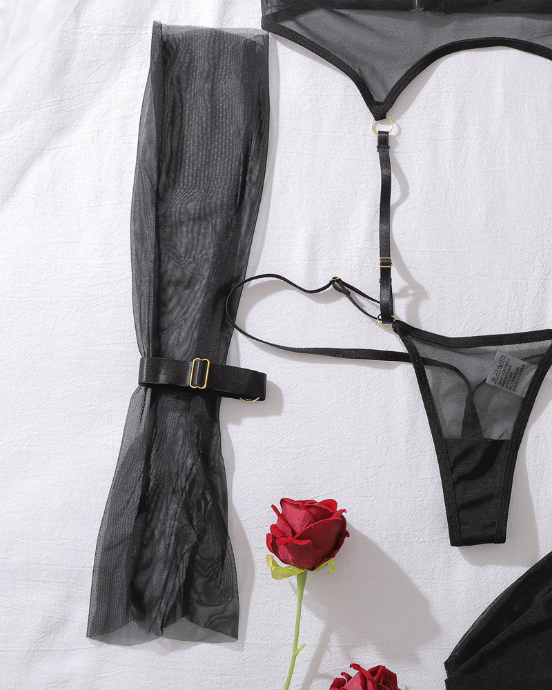 Sheer Mesh Sculpting Bodysuit Set with Matching Stockings
