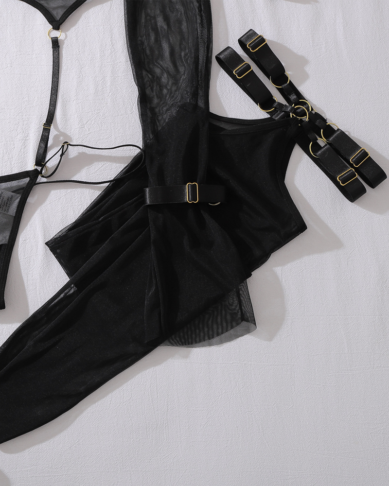 Sheer Mesh Sculpting Bodysuit Set with Matching Stockings