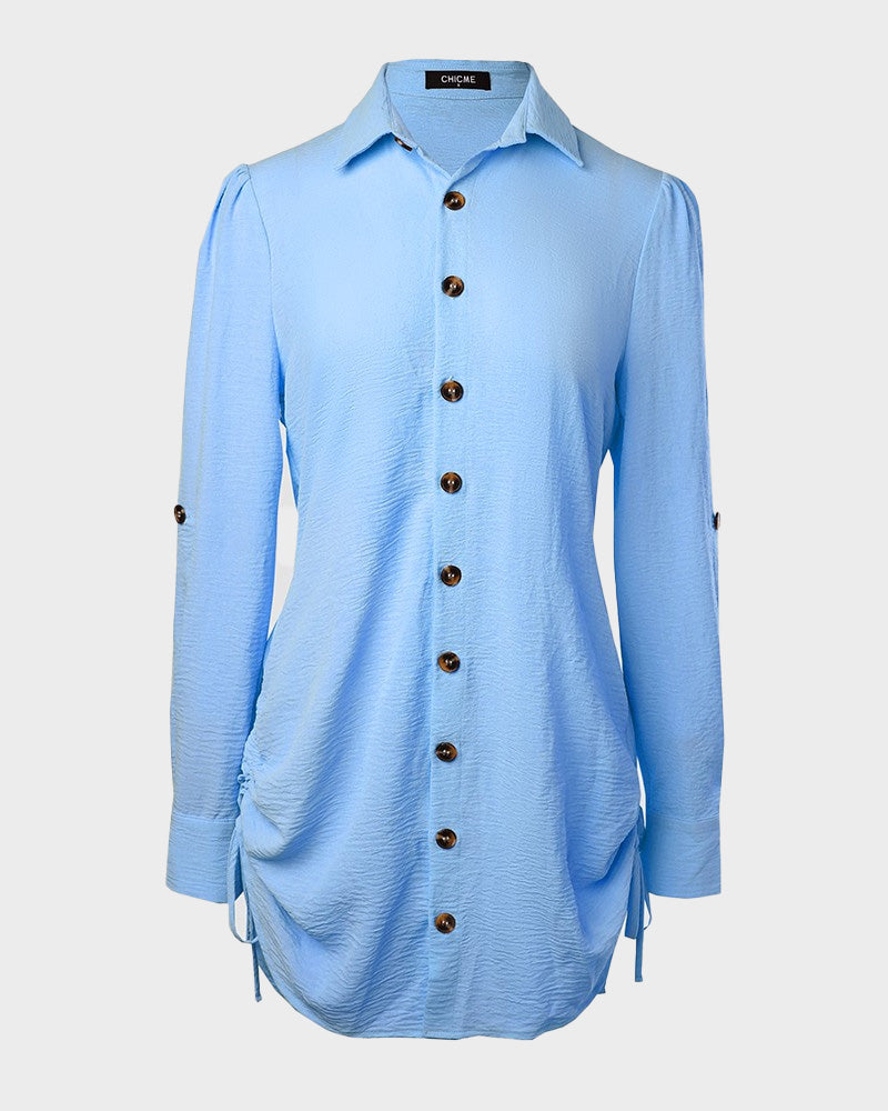 Long Sleeve Button Down Drawstring Shirt Dress