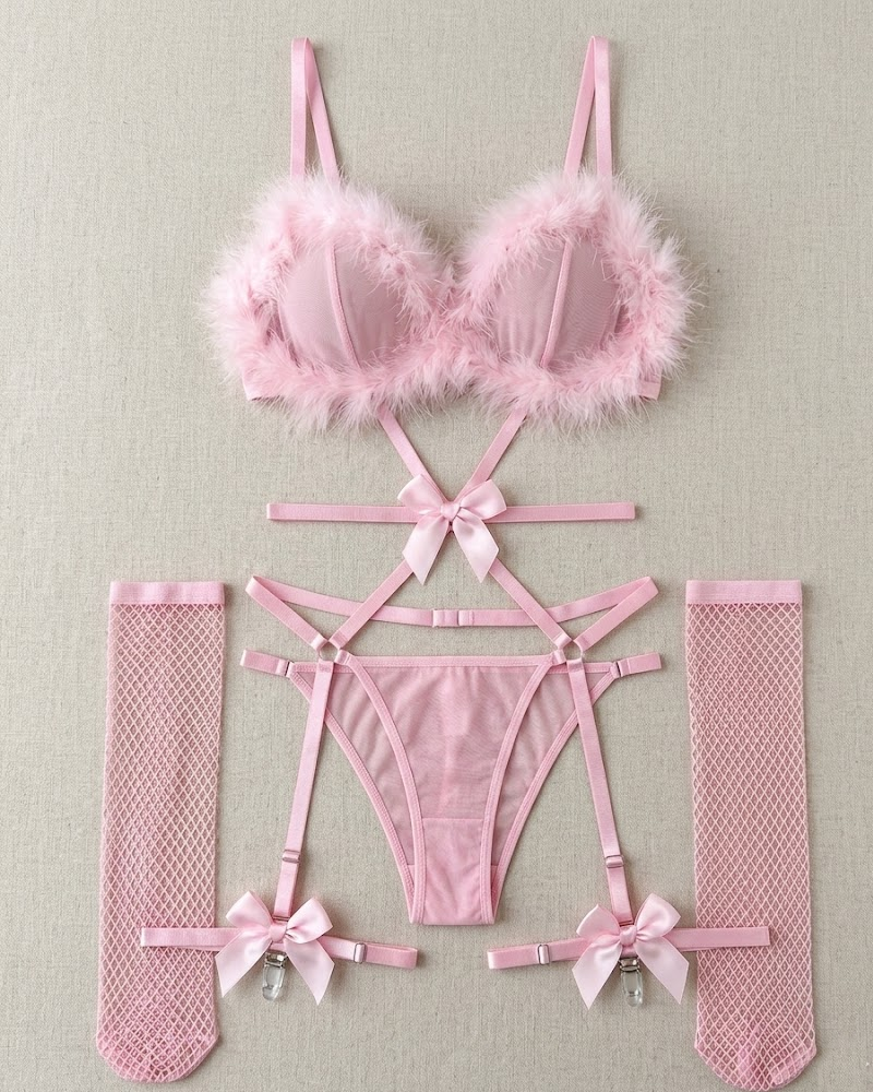 Fur Trim Lingerie Bodysuit With Fishnet Stockings