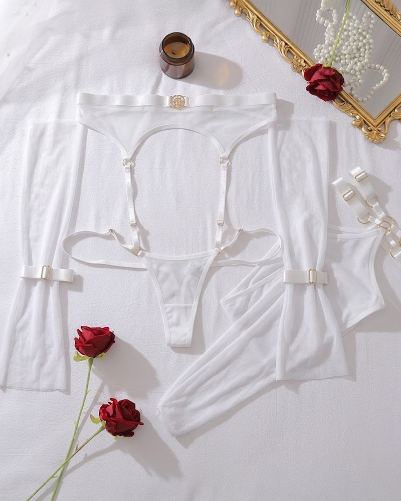 Sheer Mesh Sculpting Bodysuit Set with Matching Stockings