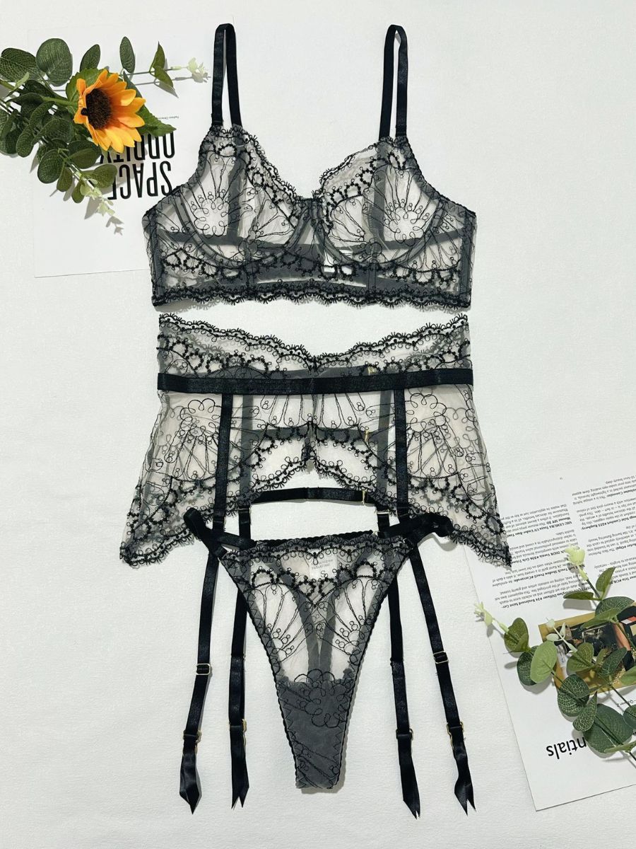 Honey Embroidery Garter Lingerie Set
