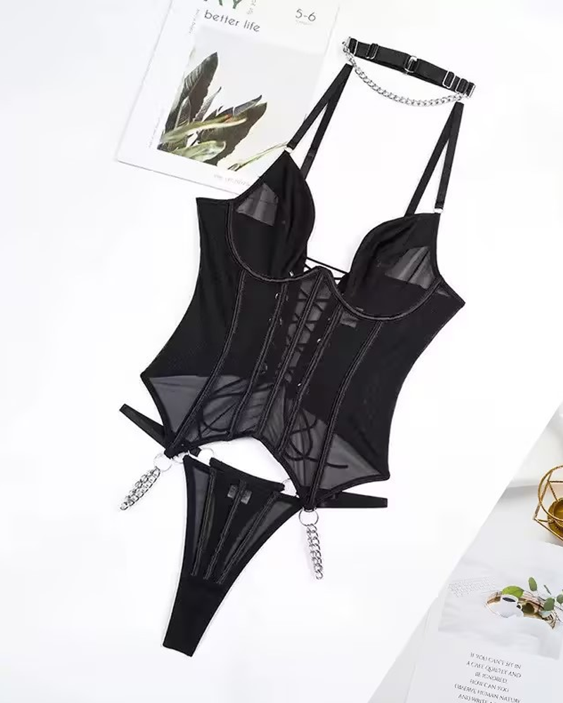 Sheer Stripe Mesh Corset Set with Matching Choker