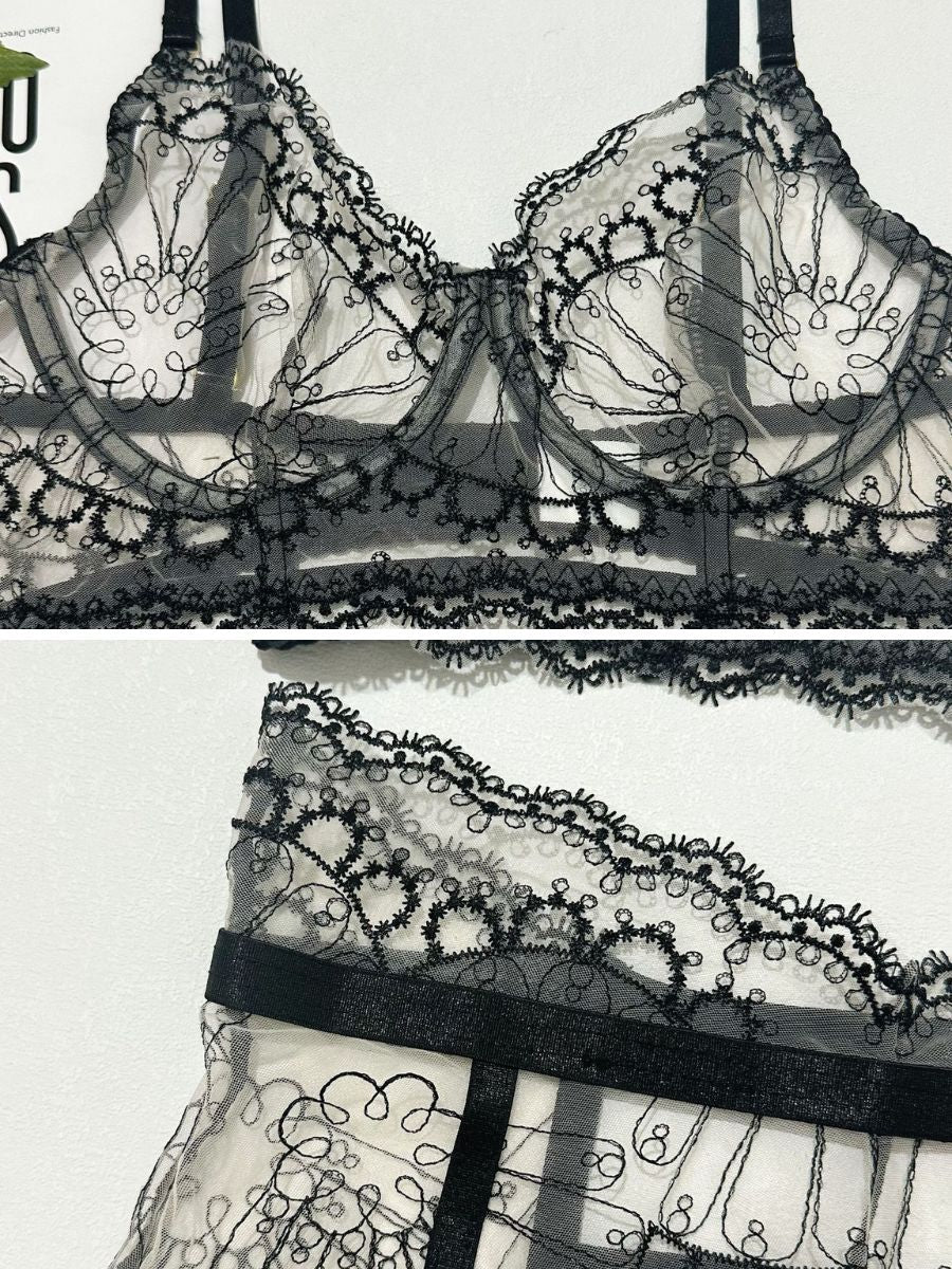 Honey Embroidery Garter Lingerie Set