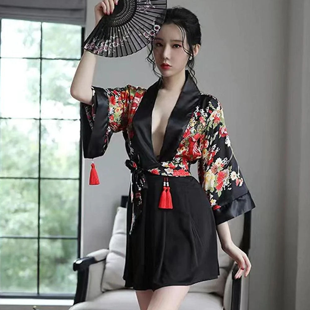 Japanese Kimono Costume Floral Robe Deep V Semi Sheer Lingerie