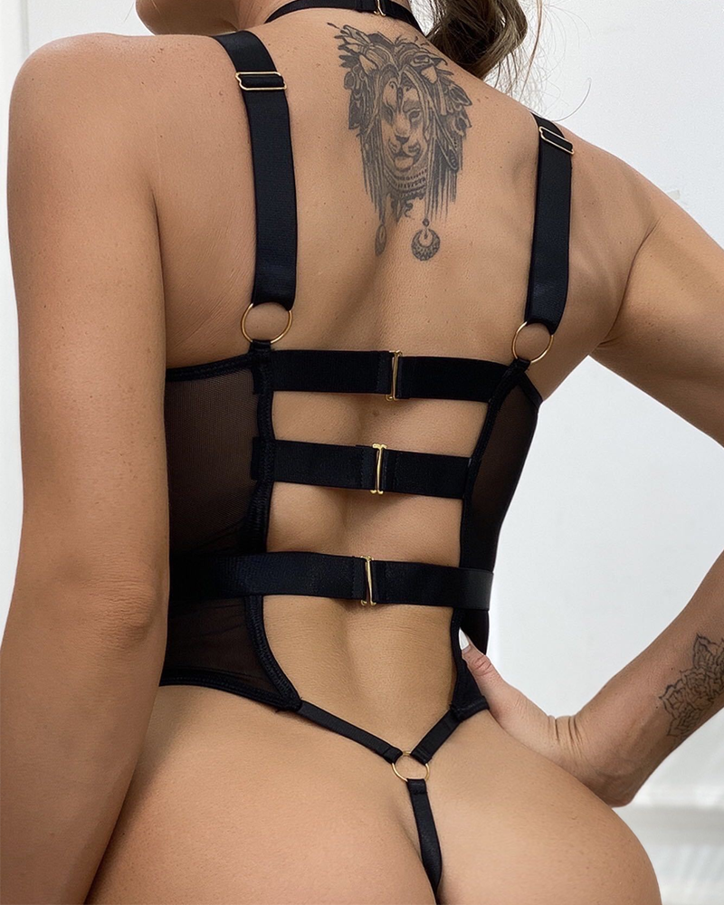 Mesh Halter Backless Strappy Push-Up Teddy Bodysuit