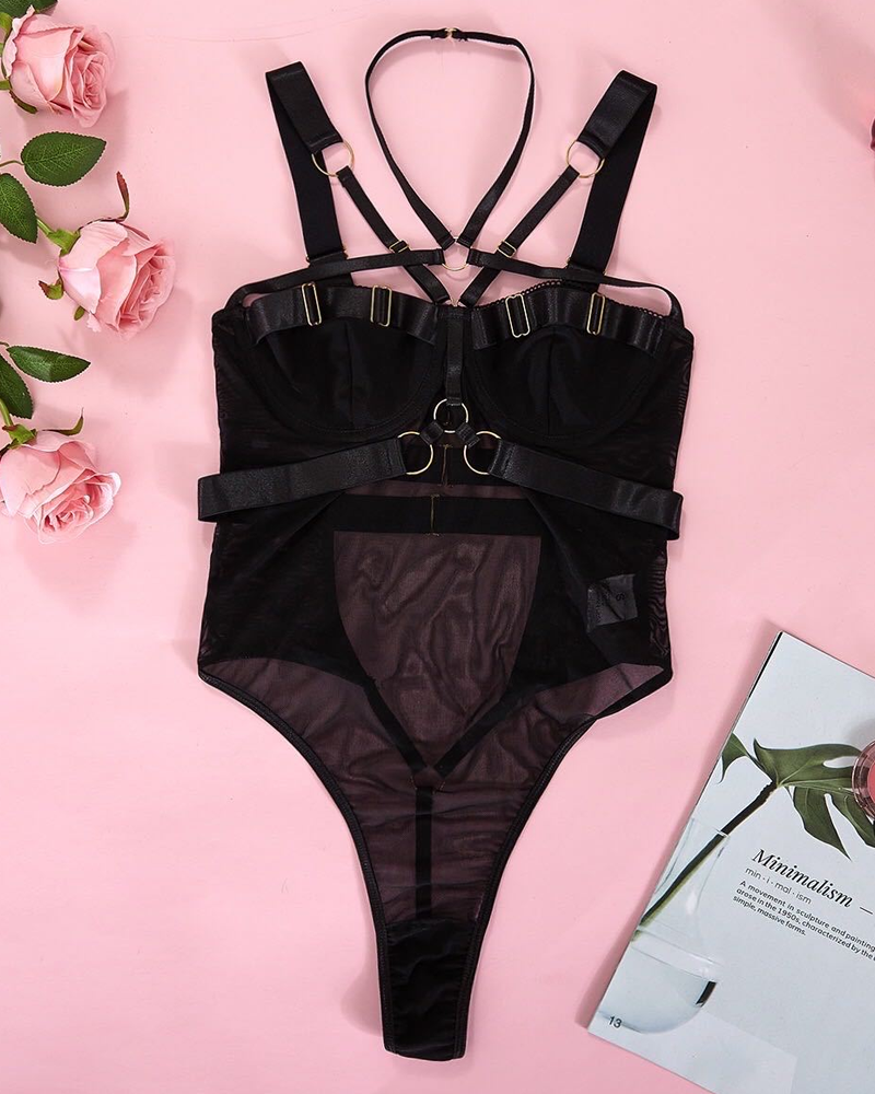 Mesh Halter Backless Strappy Push-Up Teddy Bodysuit