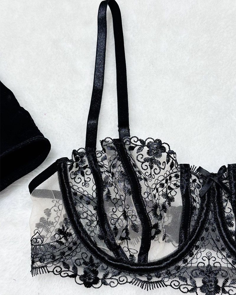 Floral Embroidery Sheer Mesh Lingerie Set