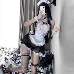 French Maid Costume Transparent Lace Teddy Outfit Babydoll Lingerie