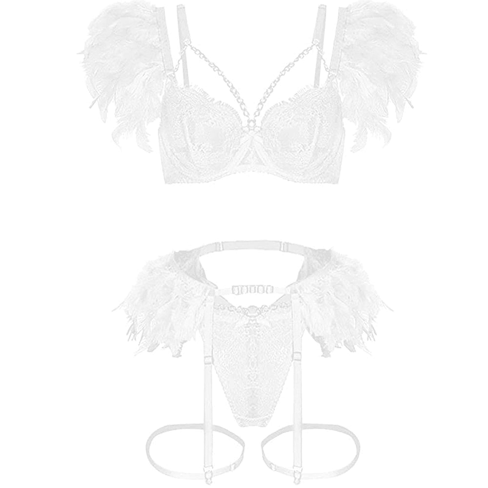 Strappy Eyelash Lace Lingerie Set Metal Chain Feather Garter Belt Set