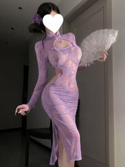 Purple Floral Lace Slit Cheongsam