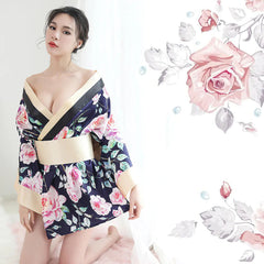 Japanese Kimono Lingerie for Women Deep V Floral Bathrobe Anime Cosplay Costume